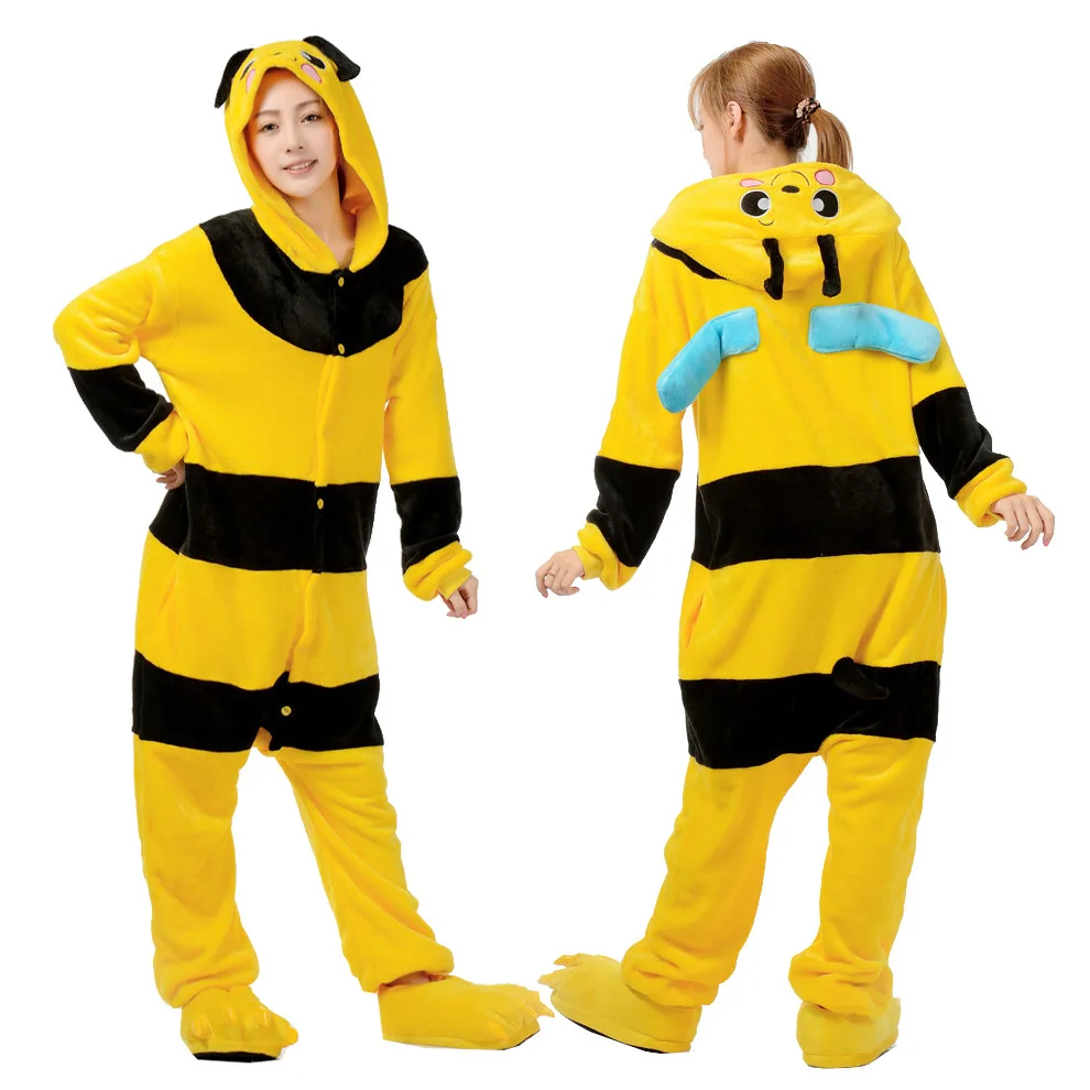 Kigurumi Bee Pajama Adult Animal Onesie Women Men Couple Anime Winter Pajamas Suit Sleepwear Flannel Pijamas