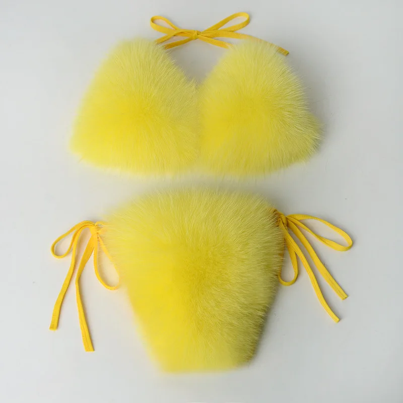yellow Пикантные тапочки с натуральным лисьим мехом женские меховые бюстгальтеры, женские пушистые меховые шлепанцы, меховые бикини, повседневные домашние тапочки, женские удобные плюшевые туфли на плоской подошве - Цвет: yellow