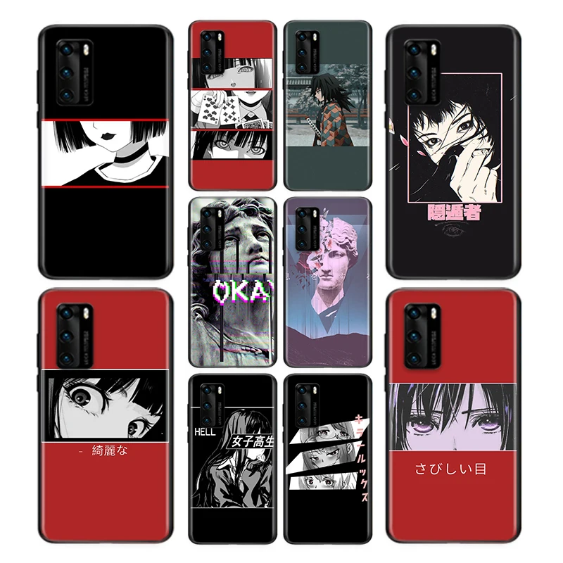 

Soft TPU Sad Japanese Aesthetic For Huawei P8 P9 P10 P20 P30 P40 P50 Pro Plus Lite 2019 2017 RU E Mini Black Phone Case