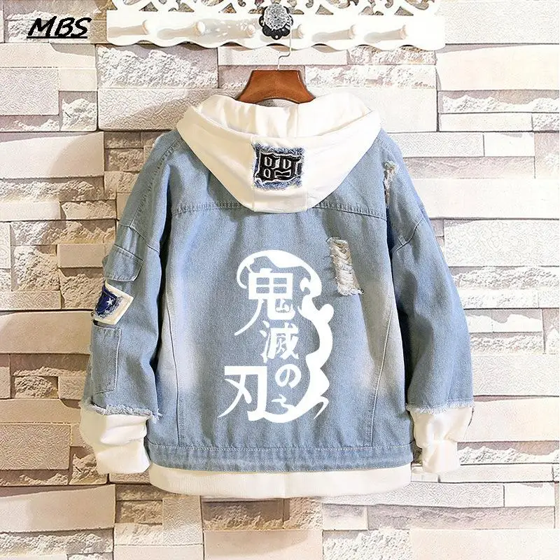 

Trendy Hashibira Inosuke Jean Jacket Anime Demon Slayer Kamado Tanjirou Cosplay Denim Jackets Harajuku Autumn Winter Hooded Tops