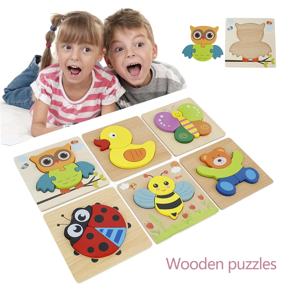

6 Pcs Kids Wooden Puzzles Toys Memory Match Wooden Animal 3D Puzzle Jigsaw Educational Color Cognitive Geometric Shape Toys