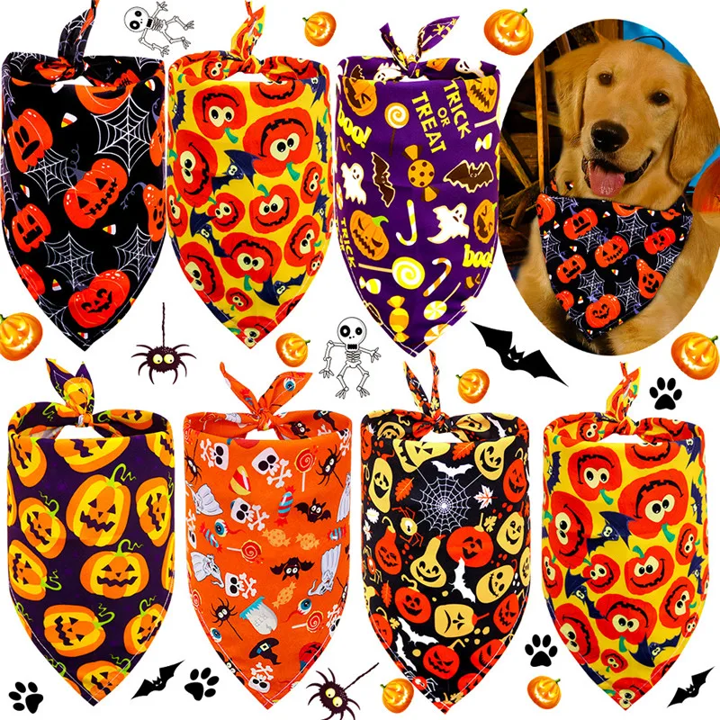 

New Halloween Pet Triangle Scarf Cute Skull Pumpkin Pattern Scarf Suitable for Medium and Large Dogs Party Decorations