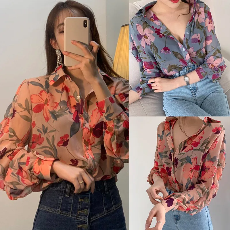 

Women Blouse Hong Kong Floral Blouses Loose Fashion Temperament Blouses Long-Sleeved Shirt Top One Size Blouses