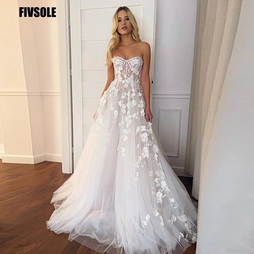 

Fivsole Fashion Flowers Long Appliques Wedding Dresses Sweetheart A-line Sleeveless Bride Formal Princess Gowns Vestido De Noiva