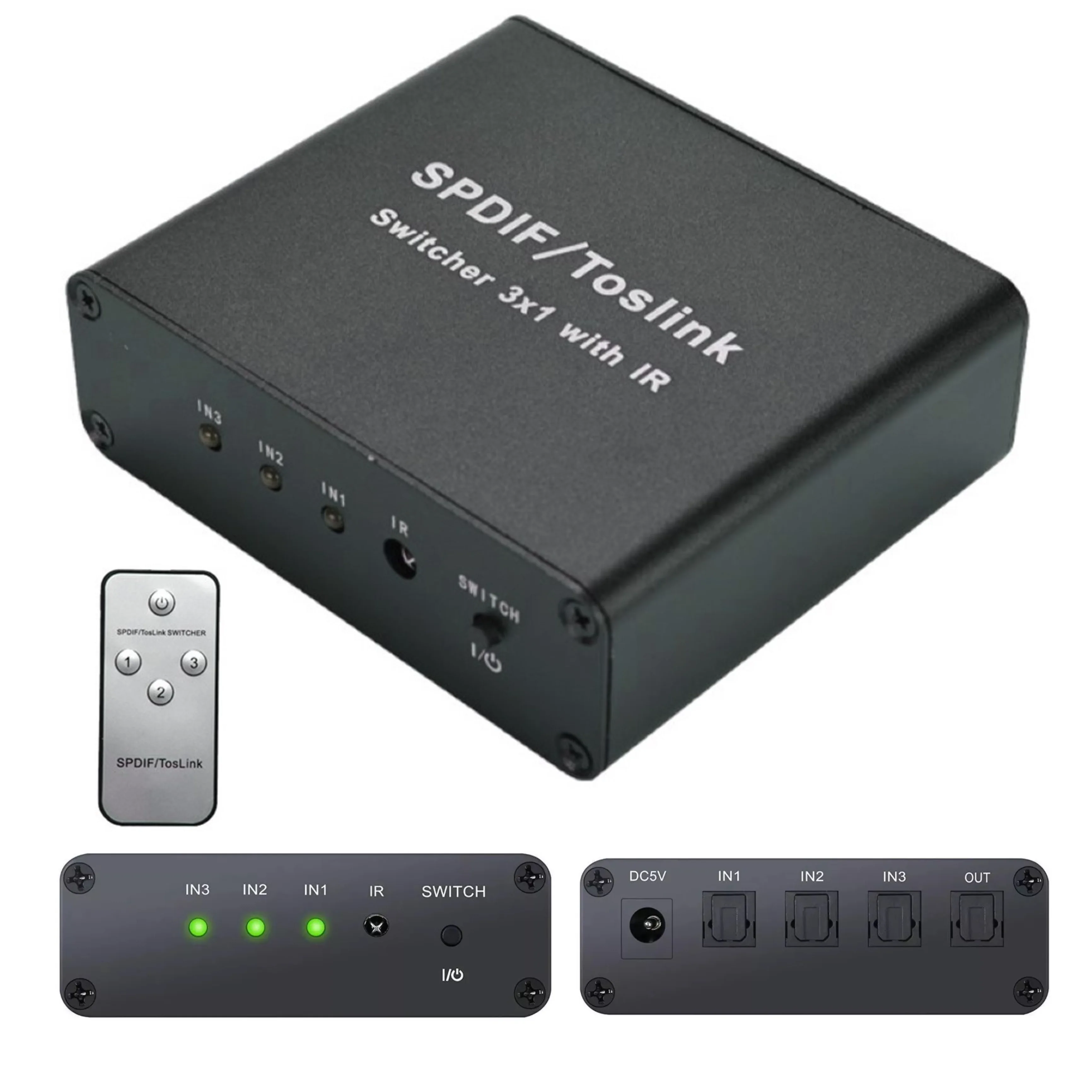 

Digital Audio Optical Switcher SPDIF Fiber Three In One Out Switcher with Telecontrol 3x1Toslink Electronic Equipment US Plug