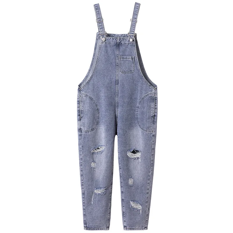 

Korean version loose and thin retro hook strap pants with mesh red and holed denim Jumpsuit