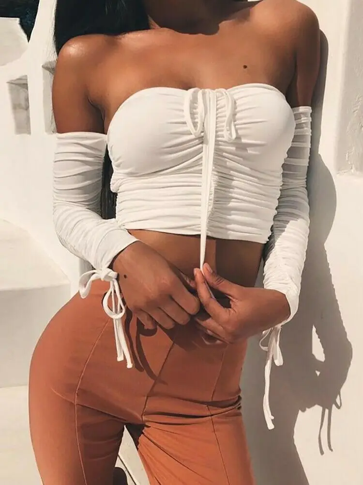 Женская блузка с открытыми плечами свободного покроя длинным рукавом | одежда