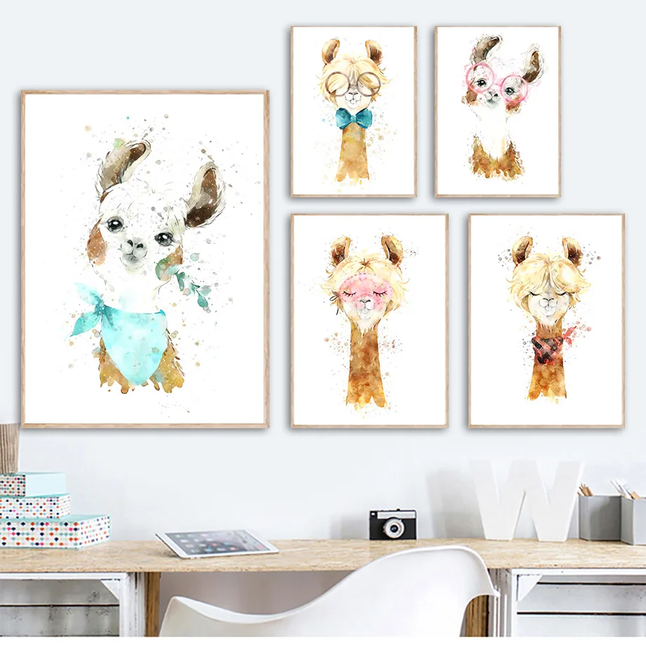 

Lovely Alpaca Glasses Bow Bib Animal Wall Art Canvas Painting Nordic Posters And Prints Wall Pictures Kids Room Nursery Decor