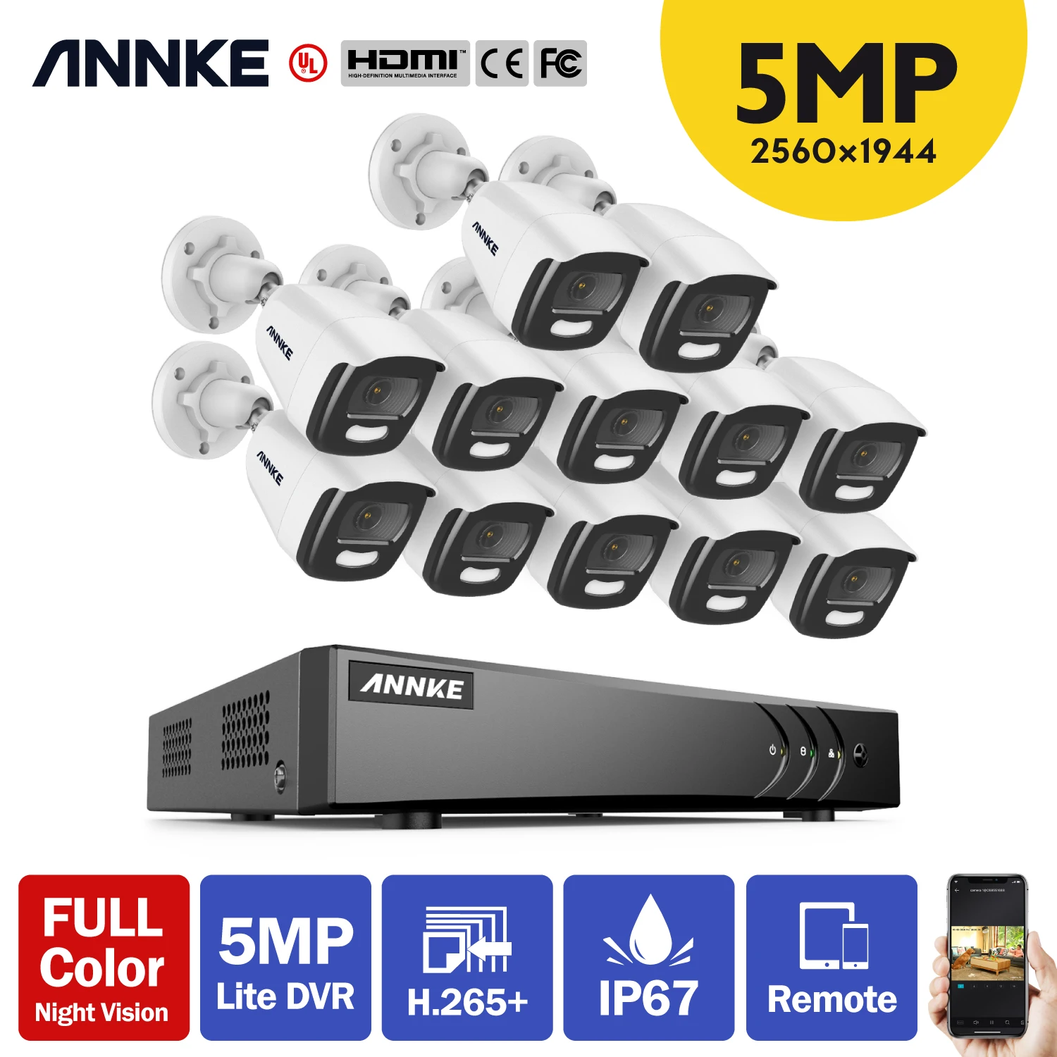 ANNKE 4K Ultra HD 16CH H.265 + DVR система безопасности 12 шт. 5MP полноцветная камера ночного