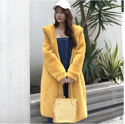 Yellow KULAZOPPER/Лидер продаж, Брендовое Женское зимнее пальто с искусственным кроличьим мехом, длинное пальто с капюшоном, плотное, свободное, меховое пальто из норки, женское LZ060 - Цвет: Yellow