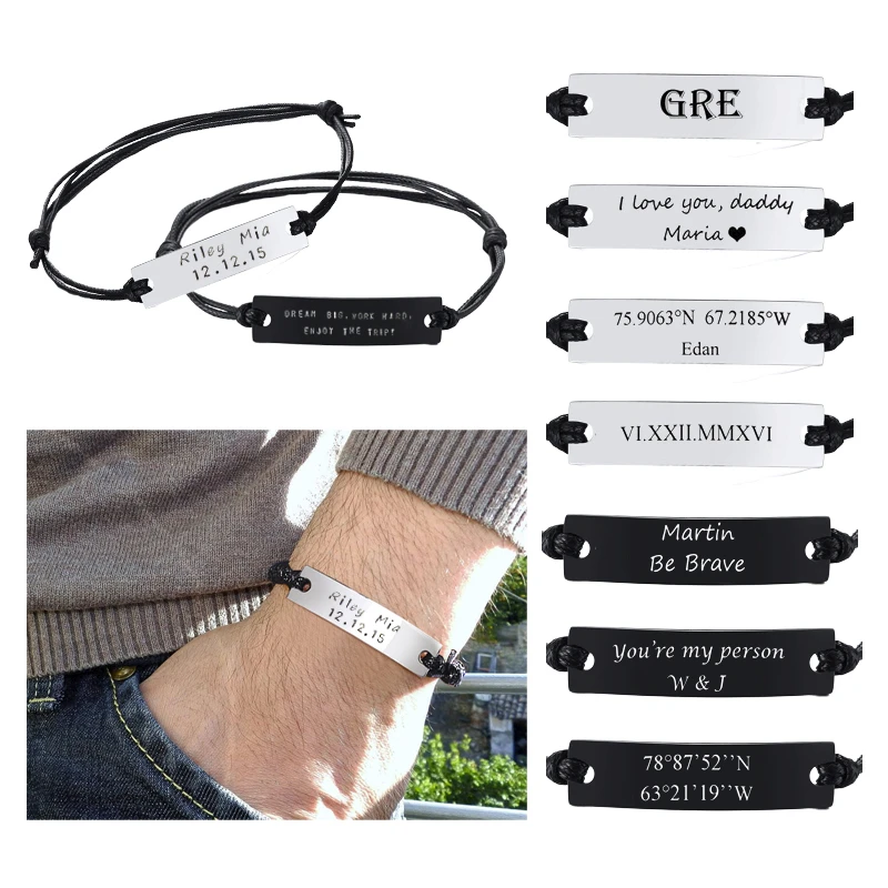PERSONALIZED LEATHER TAG ID BRACELET CUSTOMIZE YOUR OWN MESSAGE INITIALS DATE NAME BIRTHDAY GIFT FOR HIM | Украшения и аксессуары