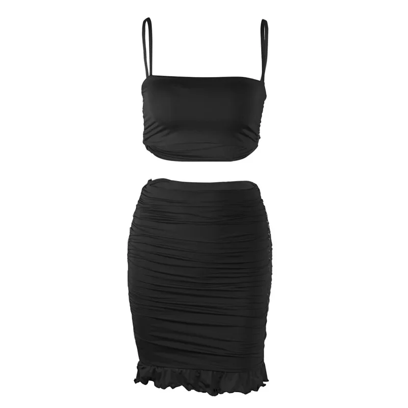 

LEOSOXS Summer Beachsexy Slash Neck Spaghetti Strap Crop Top Women's Two Piece Set 2021 Fashion Solid Pleated Lady Two Piece Set