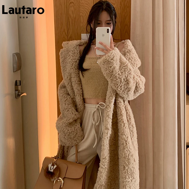 Lautaro Winter Long Oversized Shaggy Fuzzy Warm Thick Fluffy Faux Fur Coat Women Sashes Lapel Stylish Luxury Korean Fashion 2021