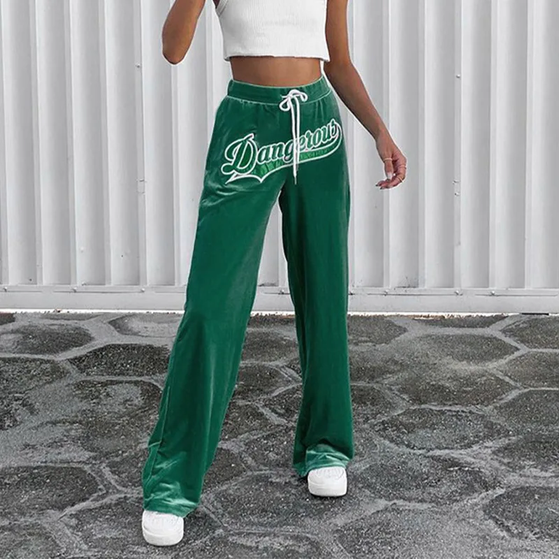 

Letter Drawstring Solid Women's Straight Pants Green Mid Waist Women Causal Pant 2021 Summer Female Streetwear Loose Trousers