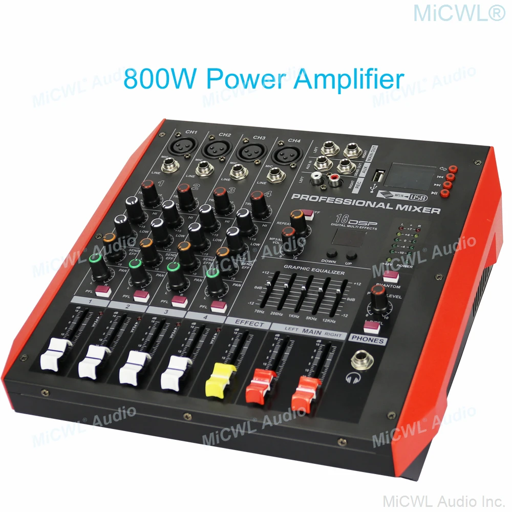 

Pro 4 Channel 800W Power Mixer Stereo Sound Mixing Consol 800 Watt Amplifier New Generation Power AMP Bluetooth 48V Karaoke