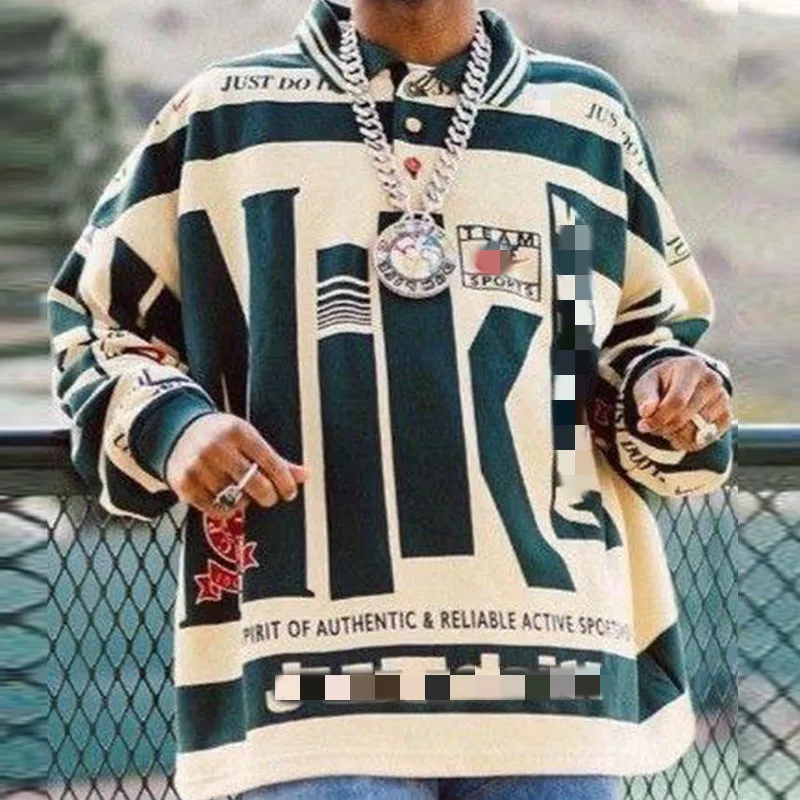 Осенний мужской модный трендовый пуловер с длинным рукавом и принтом, дизайнерский Свободный пуловер с воротником-поло, Уличная Повседневн...