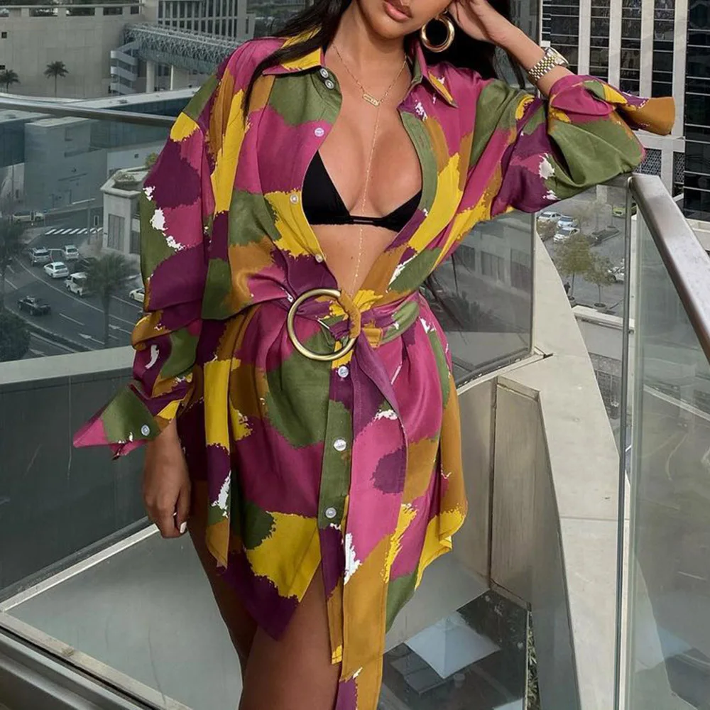 

Women Camouflage Shirt Long Sleeve Belted Slim Tunic Fashion 2021 Spring Fall Tops And Blouses Loose Casual Shirts Streetwear