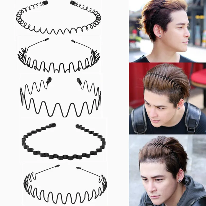 Модная черная спортивная повязка на голову с металлической волной однотонный