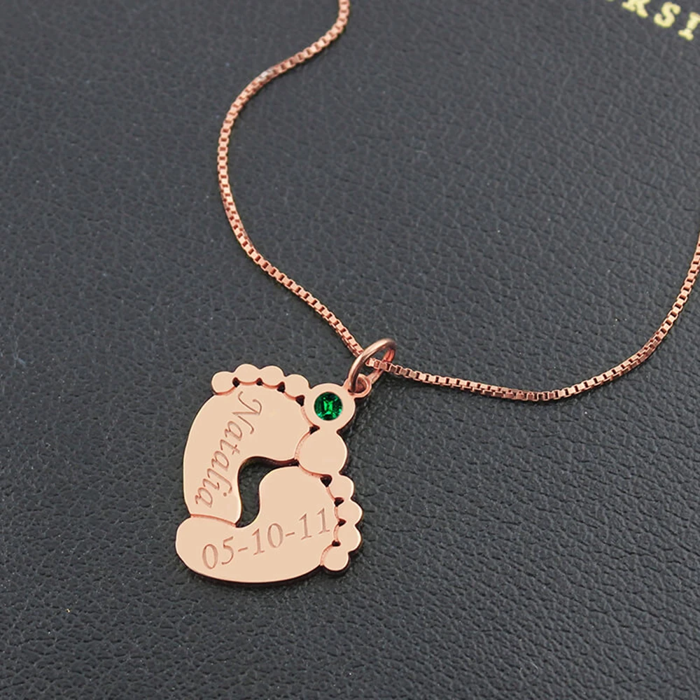 

Uonney Wholesale Engraved Birthstone Baby Feet Necklace With Name Birthday Best Gift For Mothers Valentines Gift Jewelry