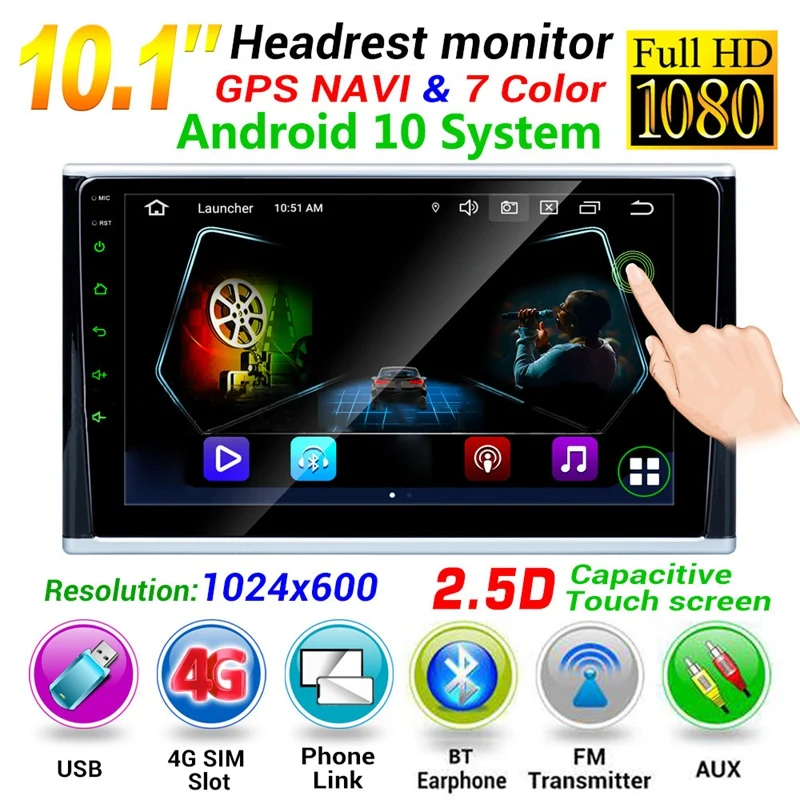 

4G+WIFI Car Pillow Headrest Monitor,10.1inch Android 10 Back Seat Multimedia MP5 Player GPS Navigation Phonelink Speaker