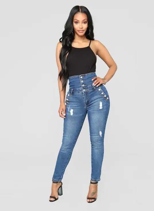 Ladies Ripped Jeans Plus Size Skinny High Waist Button Fly Curvy Long Big Hips Stretch Jean Tall Women Slim Shapping Denim | Женская