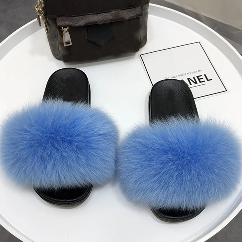 

Real fox Fur Slippers Women Home Fluffy Sliders Comfort Furry Summer Flats Sweet Ladies Shoes Female Furry Indoor Flip Flops