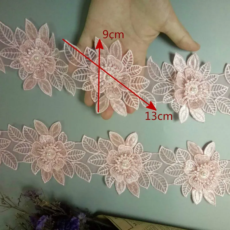 2 ярда вышитая бисером кружевная отделка из розового жемчуга цветов и листьев