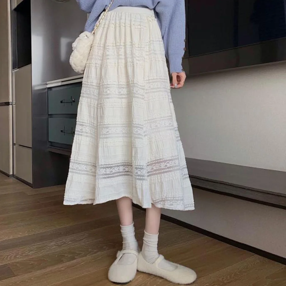 

2021 Spring Summer Lace Long Skirts Womens Fashion High Waist A-Line Pleated Skirt Preppy Style White Casual Vintage Midi Skirts