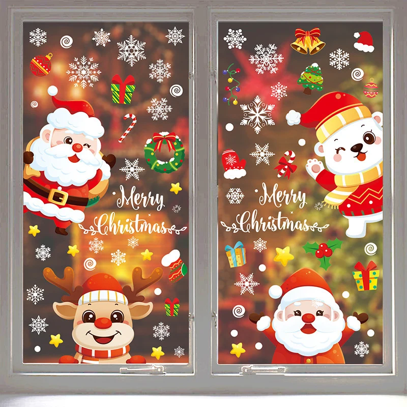 

Christmas Wall Stickers Double Side Static Sticker Santa Claus Deer Xmas Tree Window Room Snowflakes New Year Decor Sticker