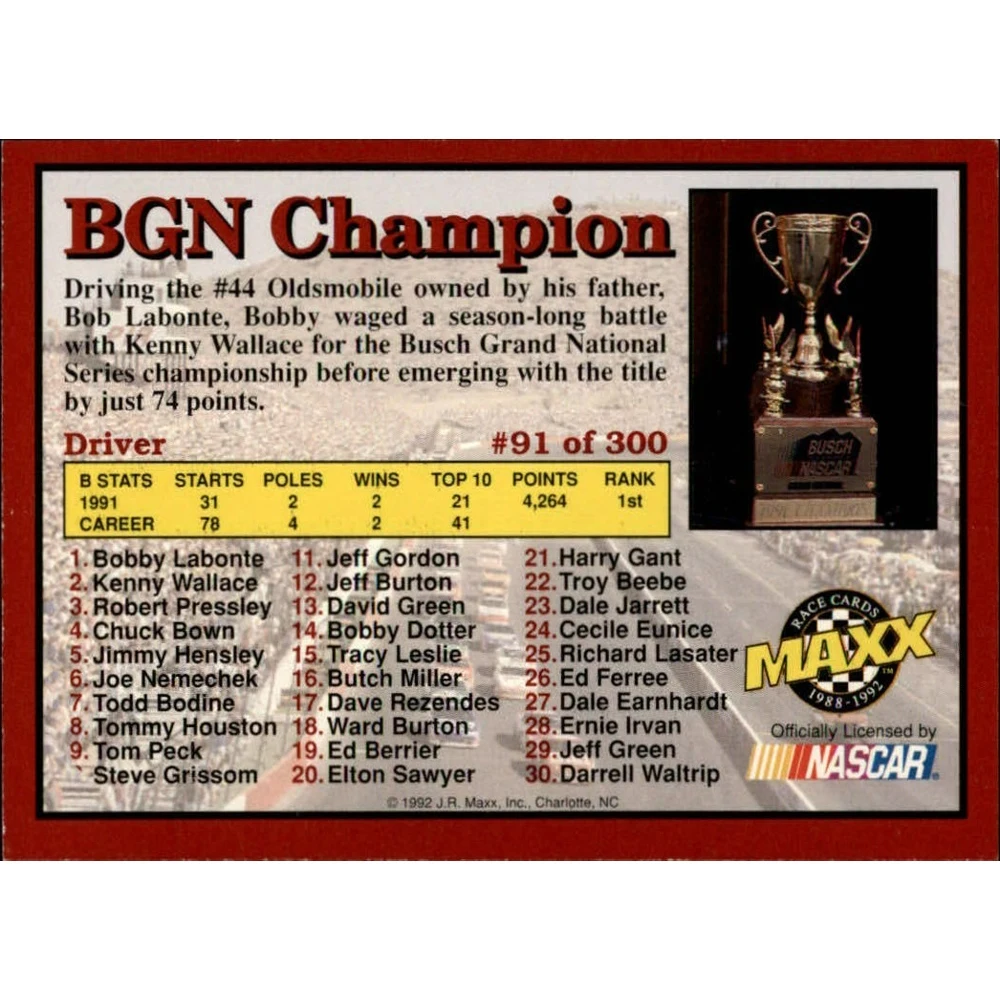 Maxx 1992 Коллекционная карточка Nascar №91 Bobby Labonte (BGN Champion) |
