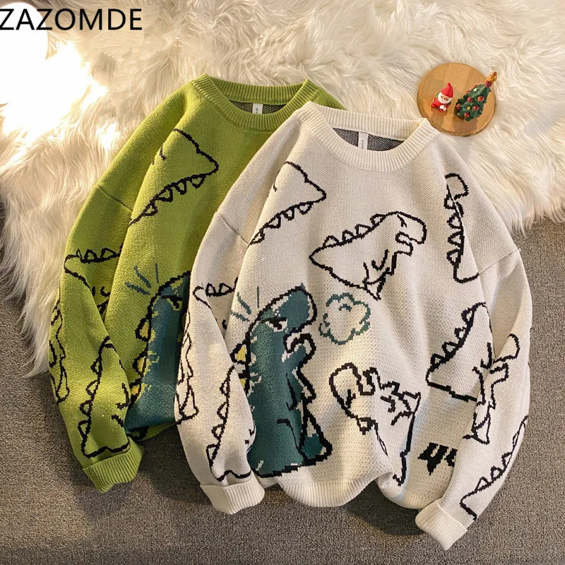 

FAKUNTN Harajuku Fashion Knitted Women Man Sweater Cute Cartoon Dinosaur Pullover Sweaters 2021 Fashion Streetwear Jumper Pull