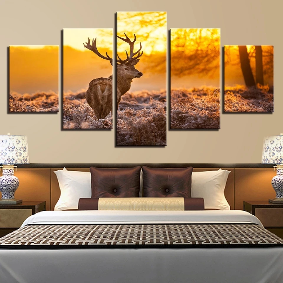 

Canvas Wall Art Paintings Framed 5 Pieces Sunset Winter Forest Animal Deer Posters HD Prints Pictures Home Decor Living Room