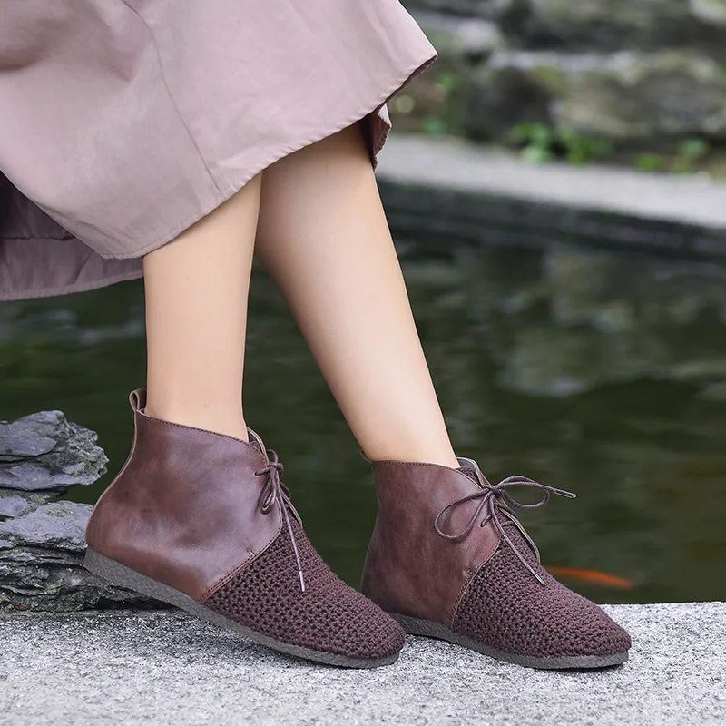 Женская кожаная обувь ручной работы Ботильоны Удобная шерстяная обувь на плоской подошве со шнуровкой