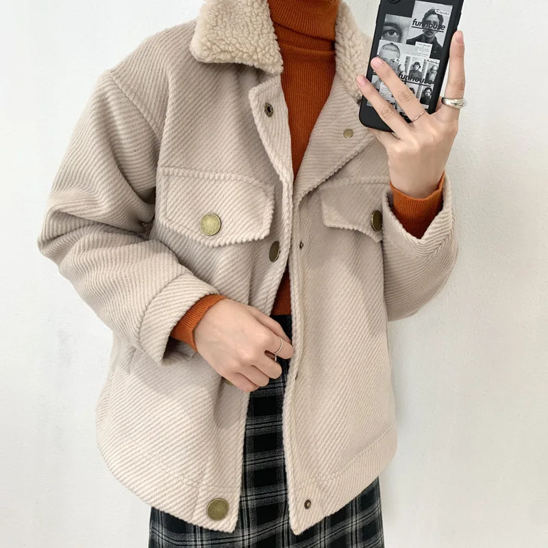 

Женское шерстяное пальто с саржевым переплетением, короткое Стеганое пальто с меховым воротником, универсальное Свободное пальто, Женский ...