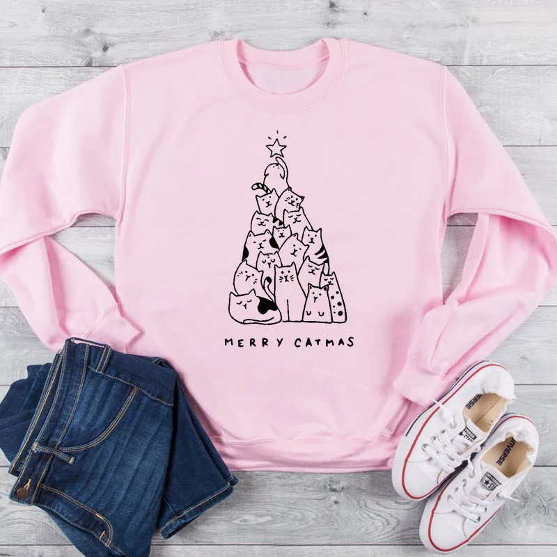Женский свитшот с принтом Merry Catmas милый праздничный джемпер кошками и надписью Meow