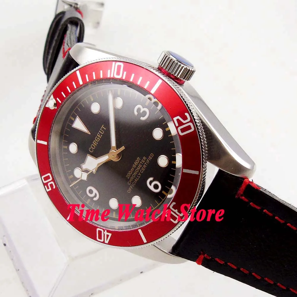 

41 мм Corgeut Miyota 8215 автоматические мужские часы с черным циферблатом, ободок из розового золота, красный ободок, сапфировое стекло Cor91