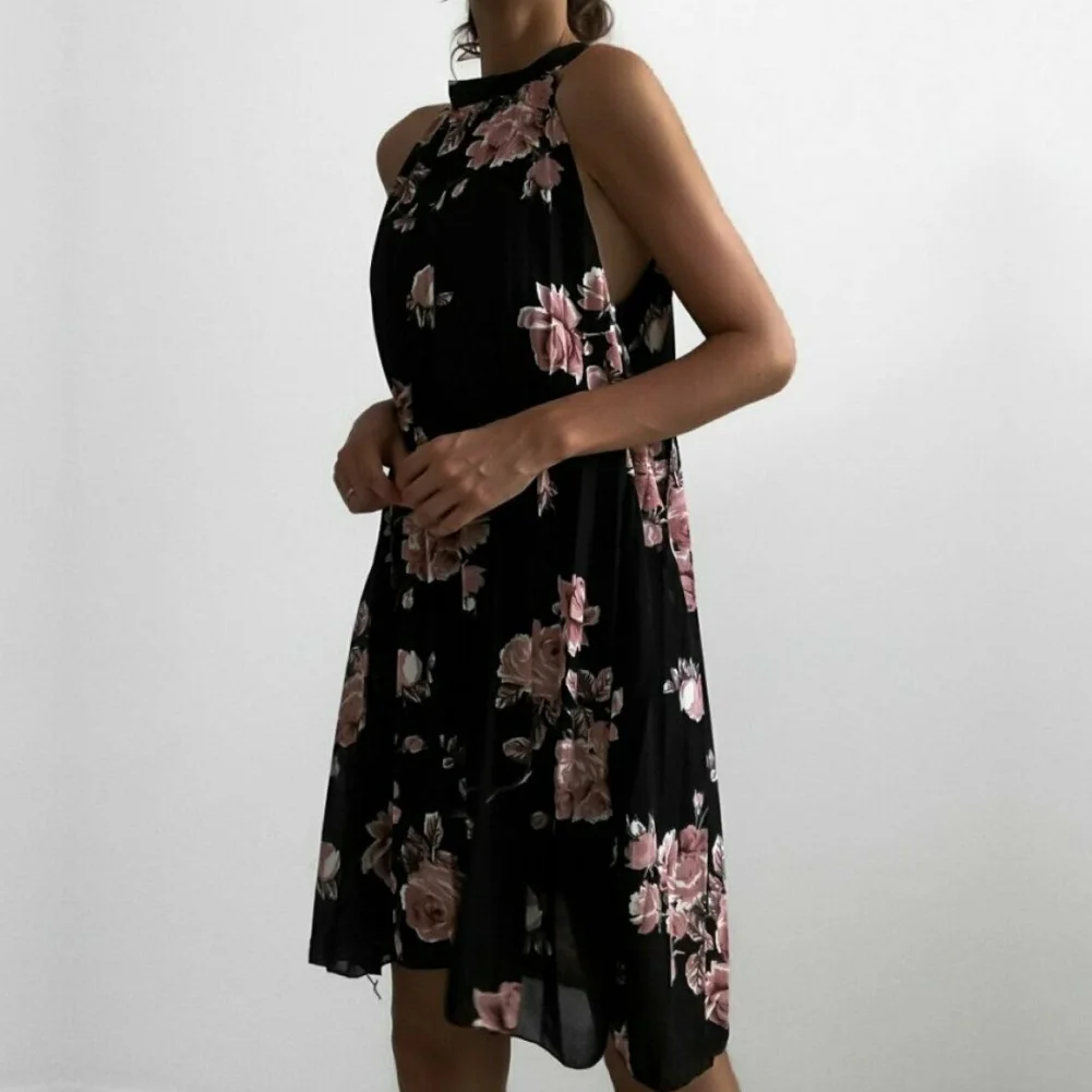 Женское Короткое платье без рукавов с цветочным принтом рюшами и лямкой на шее в