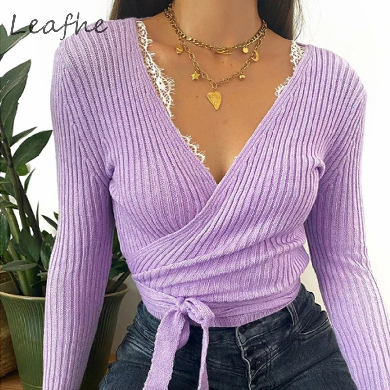 

Sexy V Neck Lace Up Chic Knit Warm Base Shirts Fall Winter Women Solid Rib Pullovers Blouse Elegant Office Lady Long Sleeve Tops