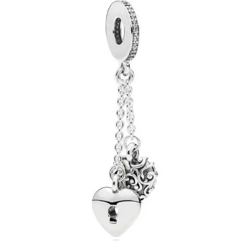 

Genuine 925 Sterling Silver Charm Vintage Pattern Lock And Heart Chained Pendant Beads Fit fashion Bracelet & Necklace Jewelry