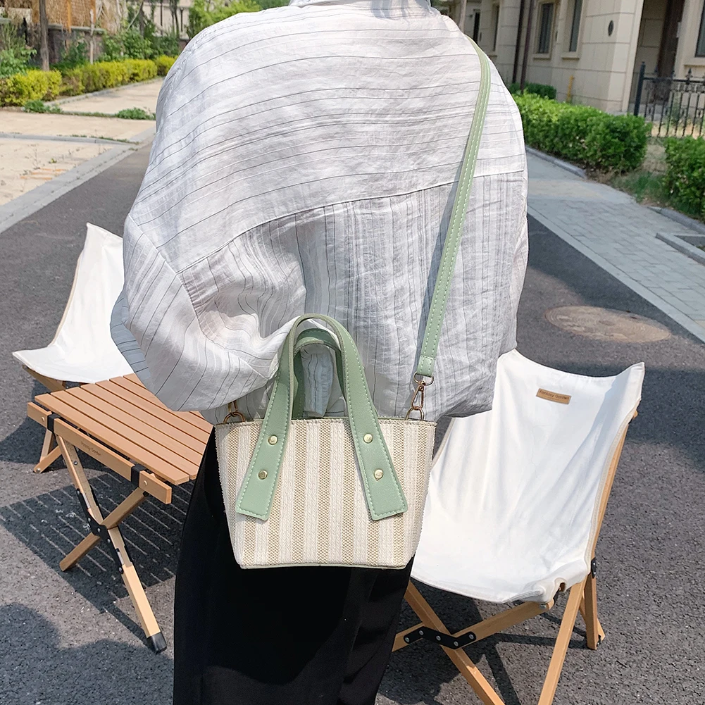 

Women Woven Stripe PU Patchwork Messenger Bag Leisure Summer Beach Small Shoulder Bags Vacation Shopping Handbags