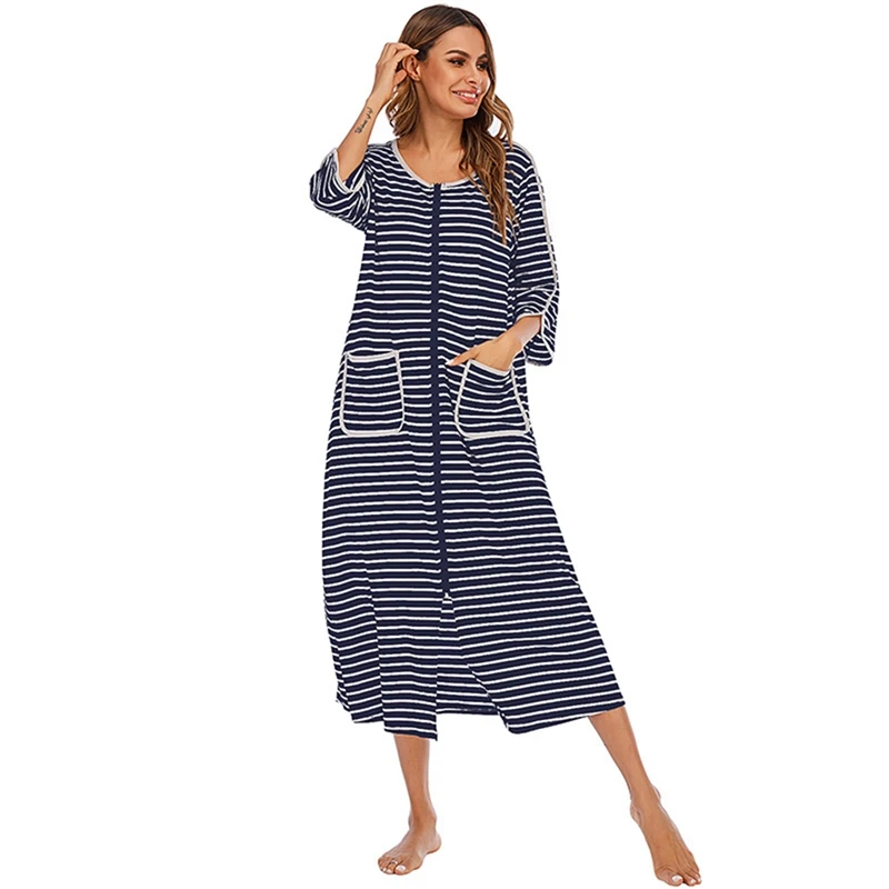 

Women Nightgowns Home Service Seven-point Sleeve Striped Sleeping Dress with Pockets Comfortable Loose Nightgowns