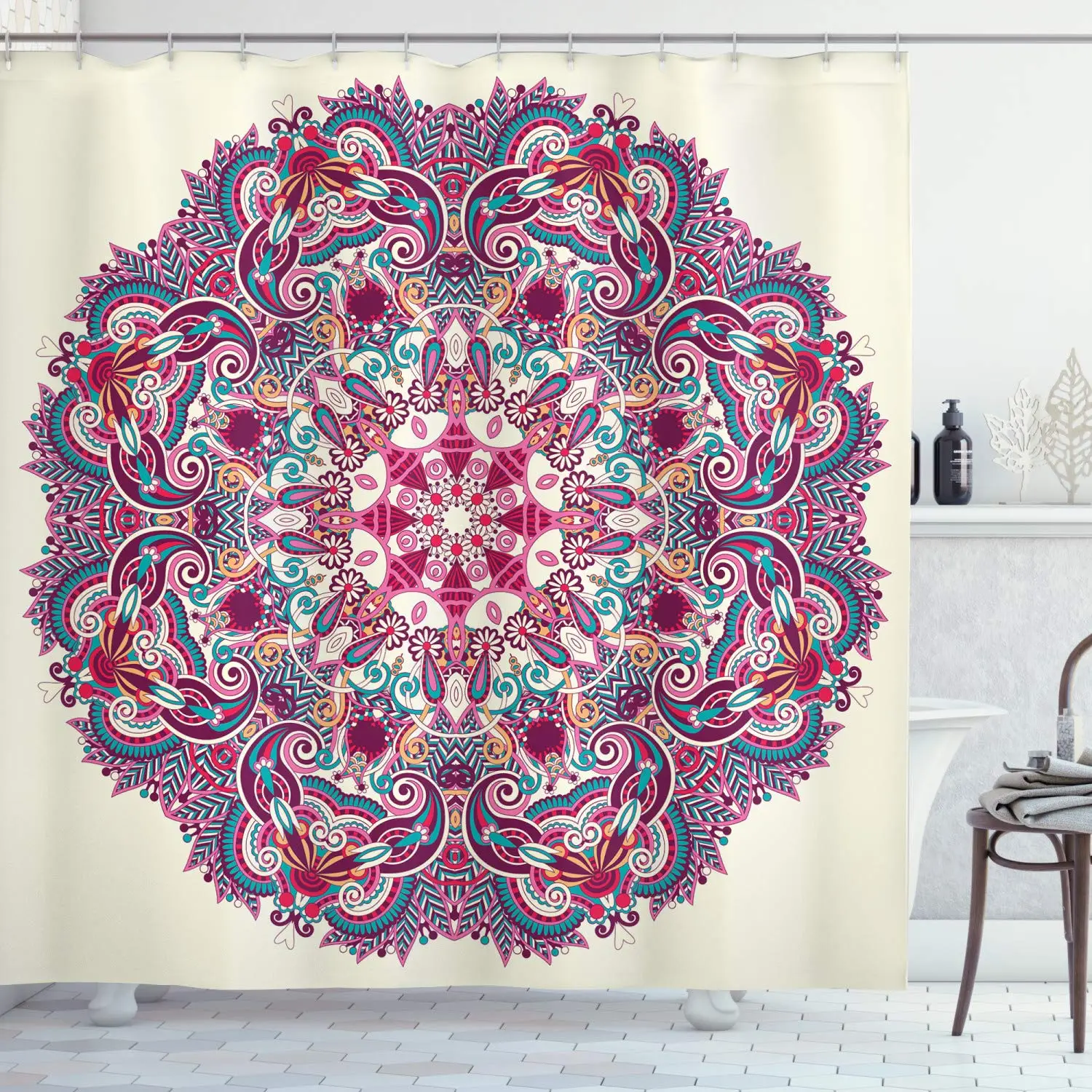 Мандала занавеска для душа детальный узор с цветами и листьями богемная тема