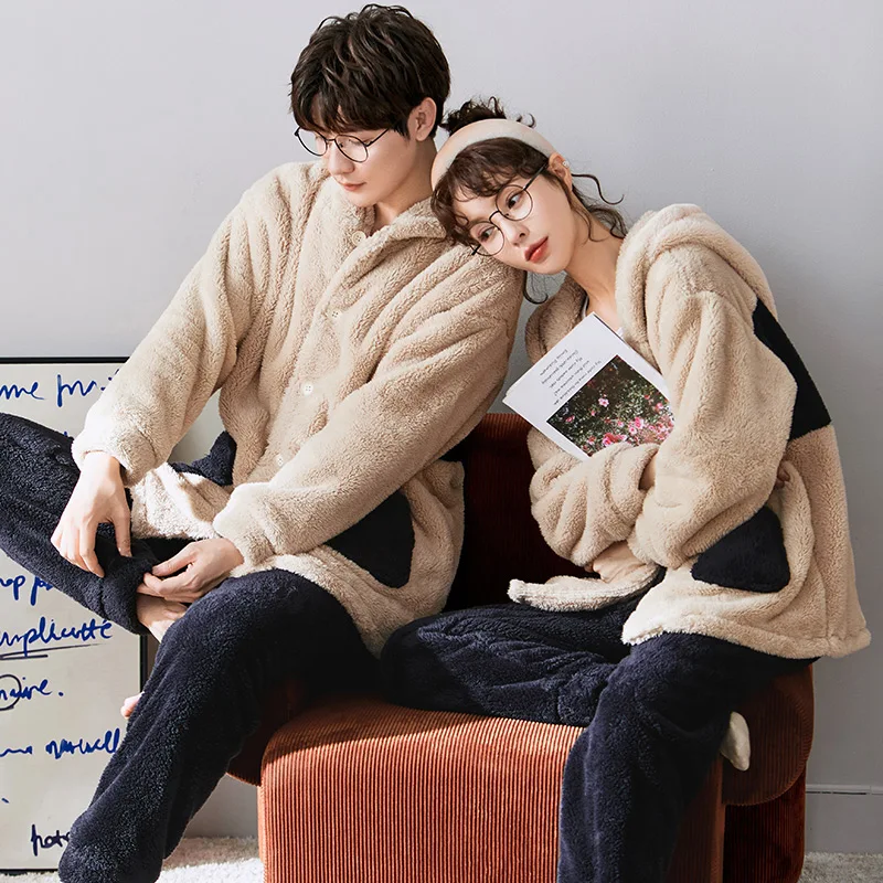 Winter Couple Pajamas Men Pajama Sets Double Sides Flannel Thick Warm Pijama Fashion Embroidery Sleep Tops Antistatic Loungewear