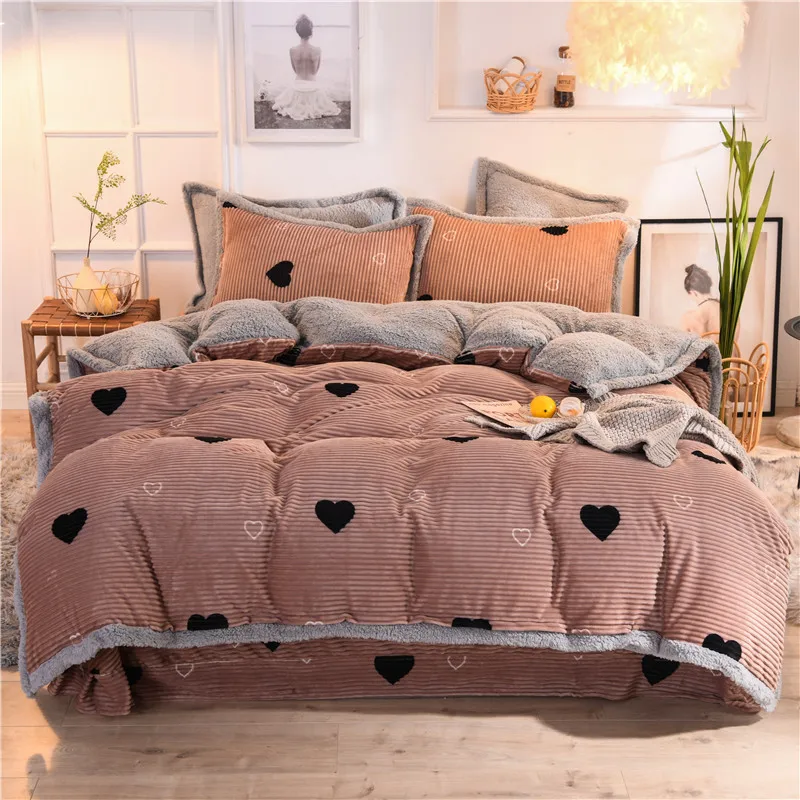 

Winter Duvet Cover Bed Linen Pillowcase Set Magic Velvet Flannel Cashmere Warm Heart Coffee Geometric Bedclothes Home Textile