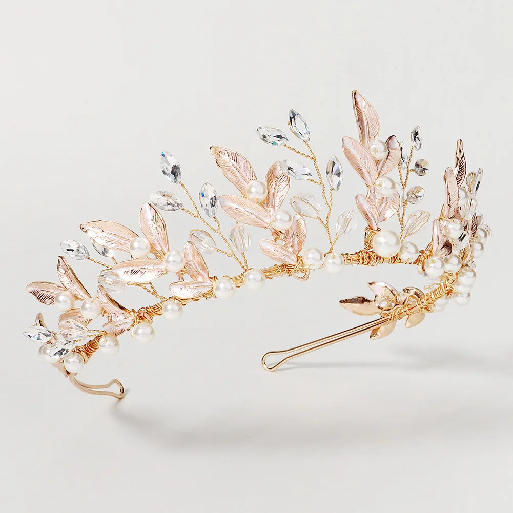 

Handmade Rose Gold Metal Crown White Pearls with Leaf Exquisite Headband Accessories for Girls Couronne