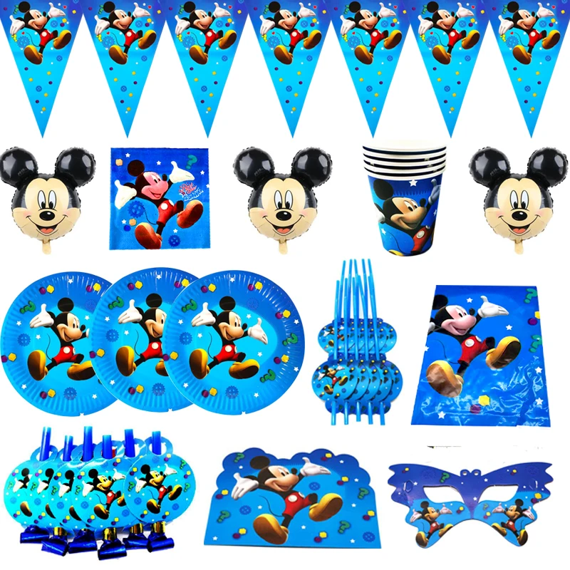

95pcs/lot Mickey Mouse Theme Straws Tablecloth Napkins Birthday Party Flags Plates Cups Decorate Cupcake Toppers Foil Balloons