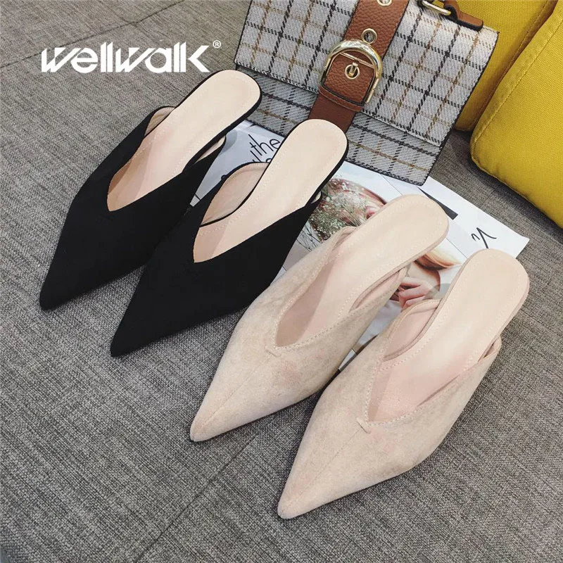 Женские шлепанцы без задника Wellwalk бежевые с острым носком на маленьком каблуке