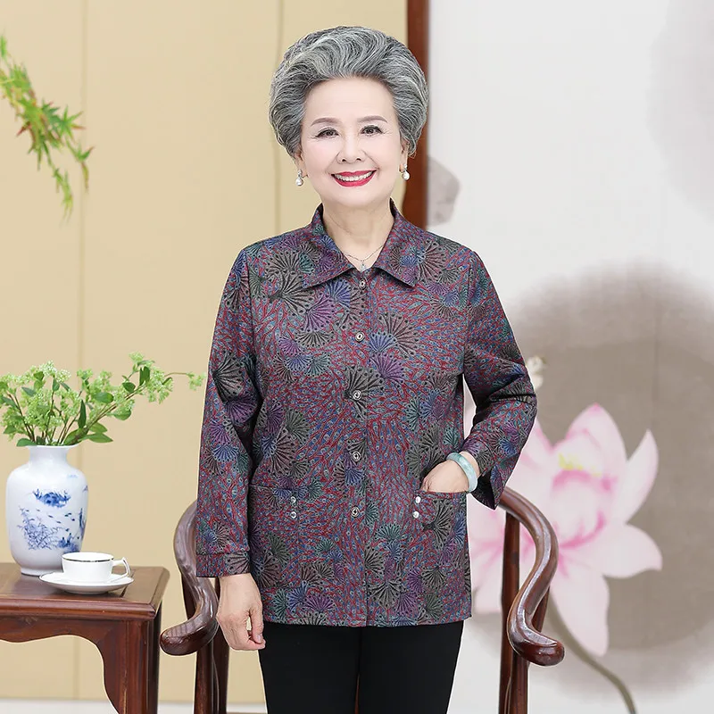 Блузки с длинными рукавами и принтом для матери среднего возраста топы сезон