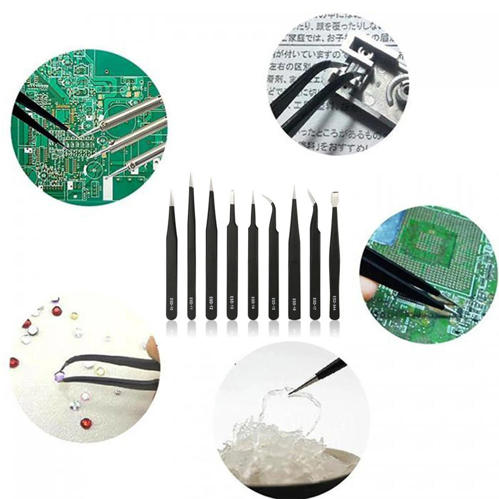 Набор антистатических пинцетов 9 шт. высокоточный изогнутый Прямой пинцет из