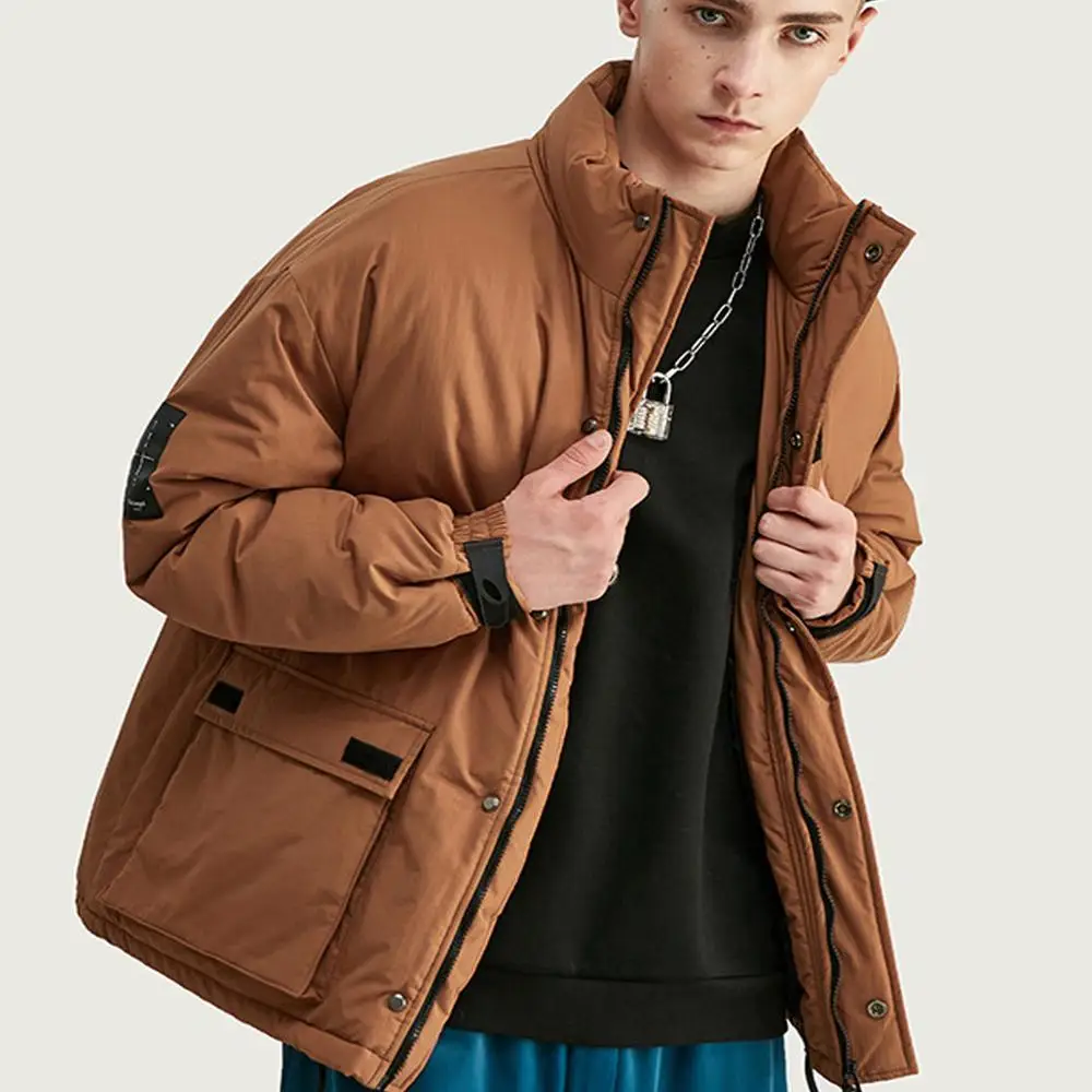 Couples solid color thick warm stand collar cotton jacket Velcro multi-pocket simple winter new tide brand fashion wild | Мужская одежда